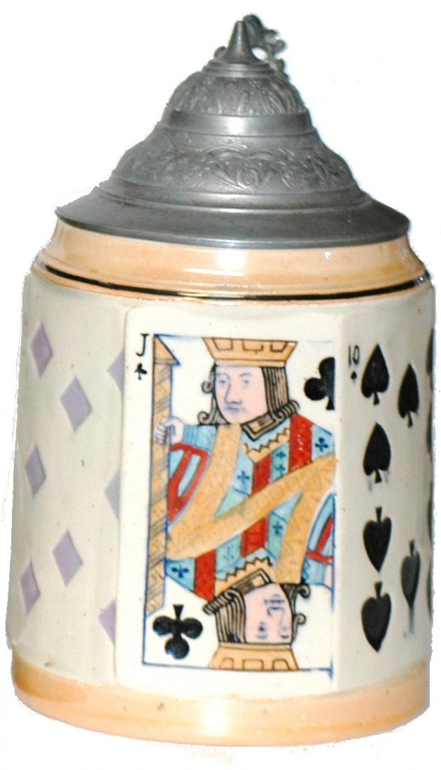 Suites of Cards Stein: ½ L. Pottery. Flat sided body with suites of cards.