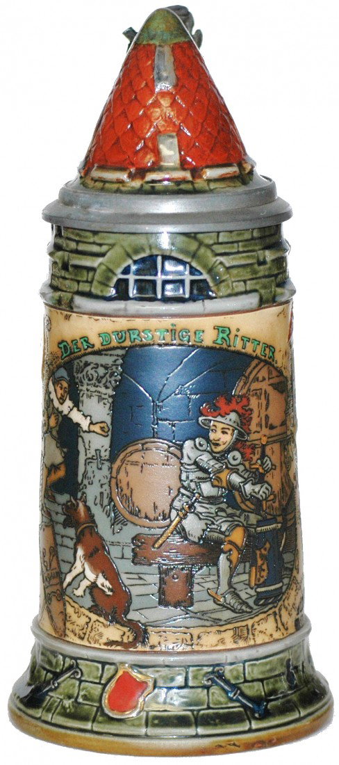 Thirsty Knight Mettlach 2382 Stein: ½ L. Mettlach #2382 etched Thirsty Knight. Conical inlay lid.
