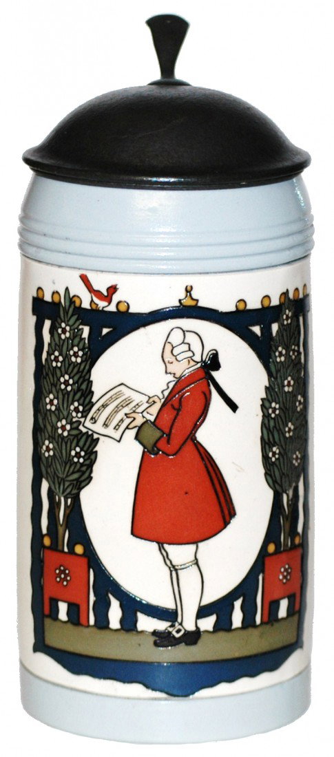 Franz Ringer Mettlach Stein: ½ L. Mettlach #3003 etched Franz Ringer . Man reading the paper.
