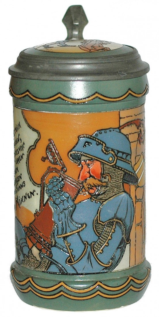 Thirsty Knight Mettlach #3091 Stein: ½ L. Mettlach #3091 etched Thirsty Knight . Schlitt. Inlay lid.