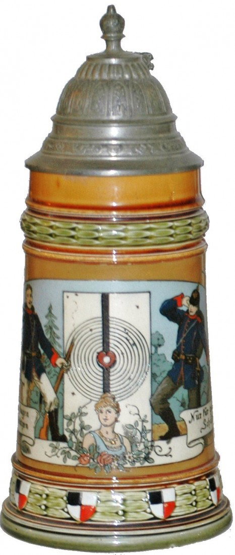 Military Scenes Mettlach Etched Stein: ½ L. Mettlach #2029 etched. Military scenes.