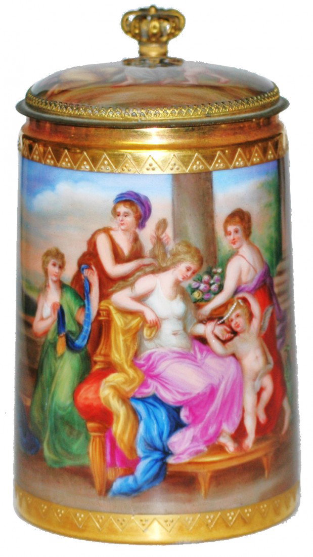 Porcelain Royal Vienna Hand Painted Stein Venus: ½ L Porcelain Hand Painted Royal Vienna. Romanesque scene of women and cherub. "Toilette de Venus" is under the lid near the beehive mark. Porcelain inlay has painted scenes on both sides. Brass moun