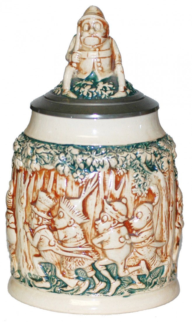 Palmer Cox Brownies Stein: ½ L. Pottery Relief . Palmer Cox Brownies dressed in different countries costumes. Figural Brownie inlay lid.
