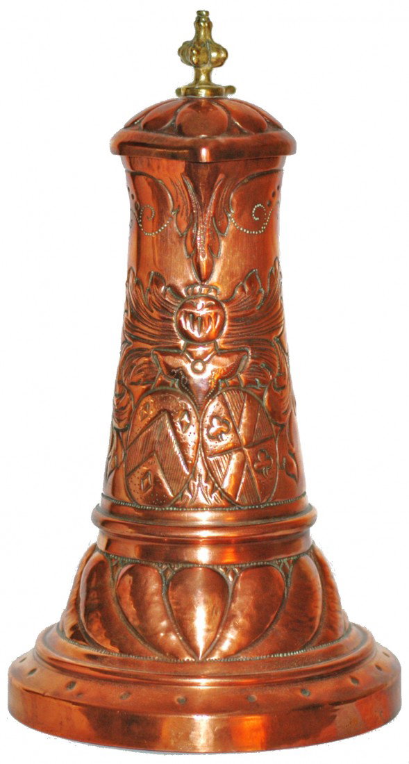 Copper Hand Hammered Knight Helmet & Shield Stein: 1 ¼ L. Copper Hand Hammered Design of Knight's helmet and double shields.