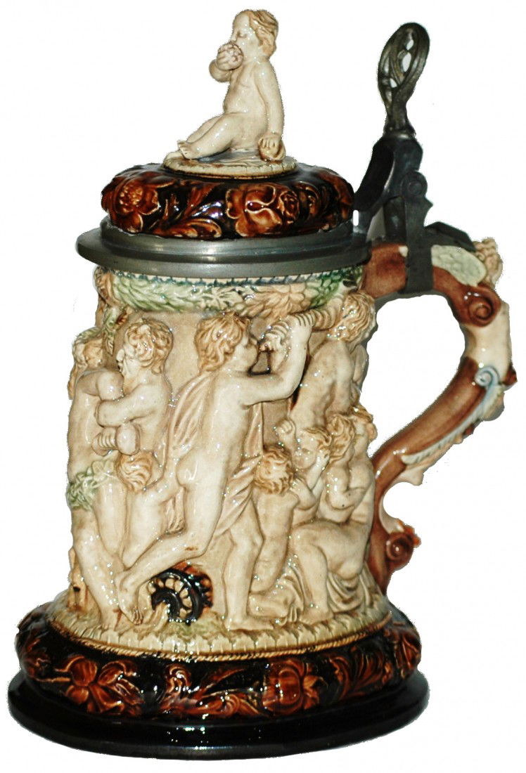Majolica Relief One Liter Stein: 1 L. Majolica Relief. Cherubs and Bacchus. In the style of Capo-di-Monte
