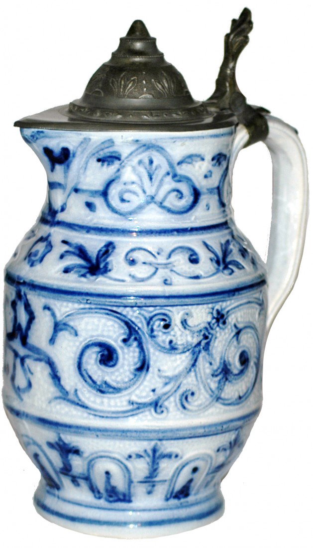 KPM Porcelain Stein: 1 ¼ L. Porcelain KPM relief. Cobalt floral design.