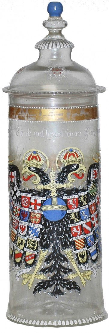 Huge Impressive 19" Eagle & State Shields Pokal: 19" Blown glass pokal. Enameled eagle and state sields, (Reichsadler Humpen). Fritz Heckert. Impressive.