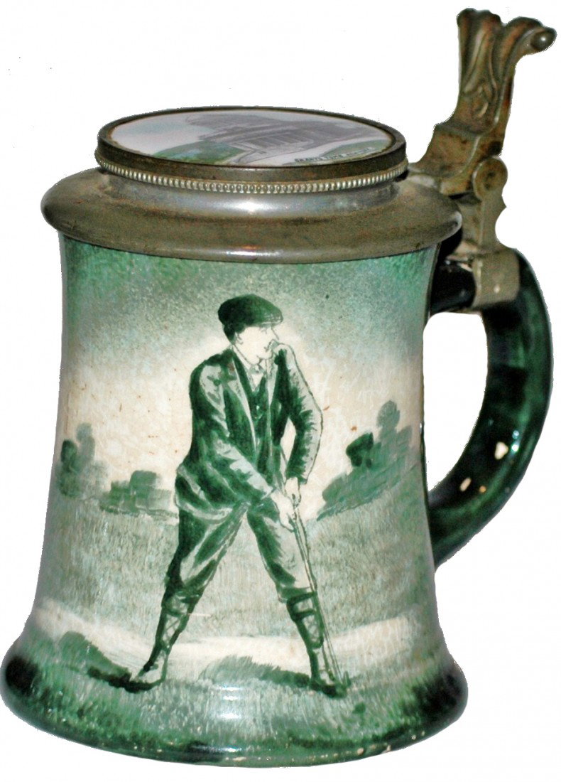 Golfing Stein w/ Enamel Copper Inlay: ½ L. Pottery POG. O' Hara Dial. Scene of man golfing. Enmel copper inlay of Grant's Tomb,, New York.