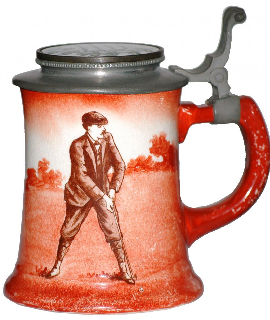 Golfer Stein O' Hara Dial: ½ L. Pottery POG. O'Hara Dial. Golfer. Enamel copper inlay of verse.