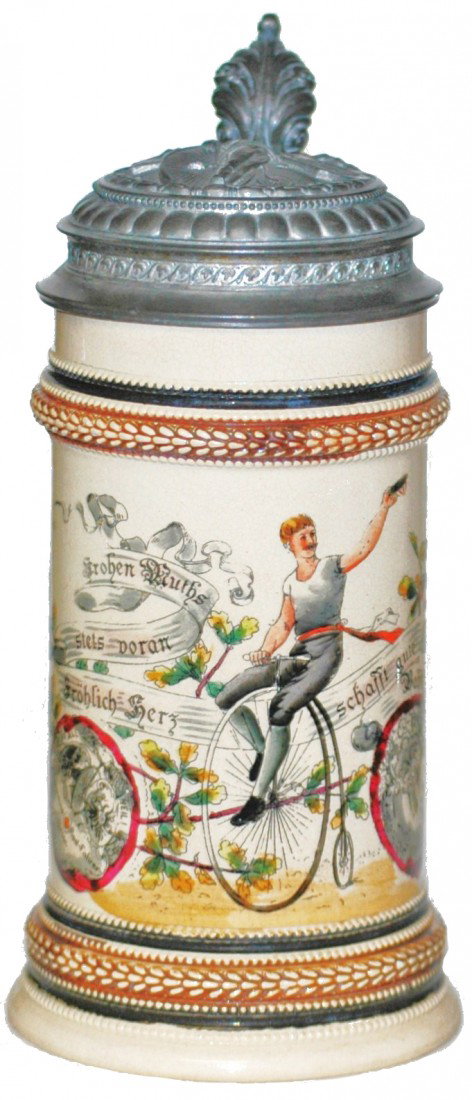 High Wheel Bicycle Stein: ½ L.Pottery POG . High wheel bicycle rider. "Allgemeine Rad-Fahrer Union" Relief pewter lid of a man standing beside a high wheeled bike.