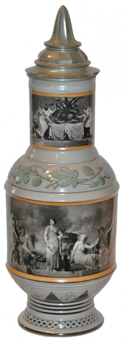 2 L. KPM Romanesque Scenes Stein: 2 L. KPM Porcelain. Hand painted. Extremely detailed Romanesque scenes on neck and body.