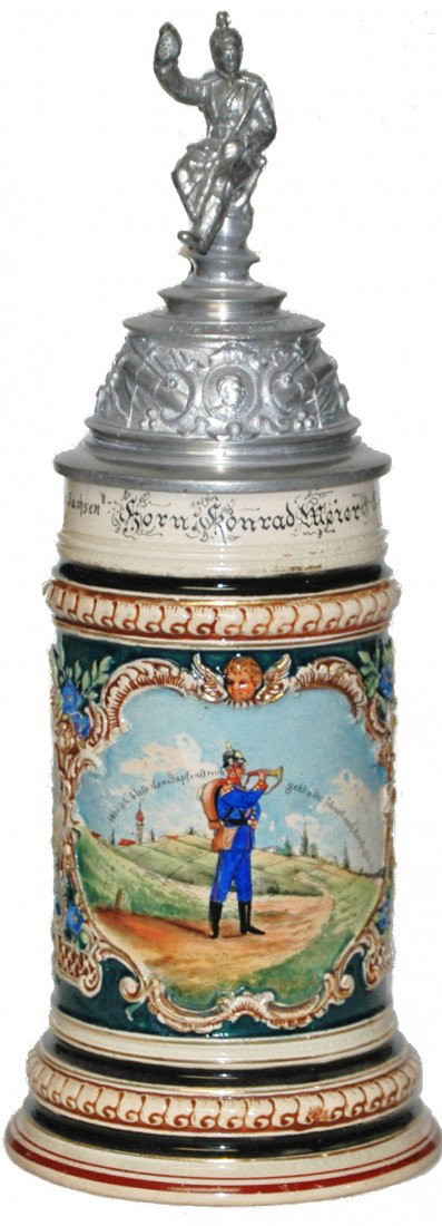 1898 Regimental Bugler Scene Stein: ½ L. Pottery Thewalt Regimental Stein. "Kgl. 15. Inftr. Regt. Konig Albert v. Sachsen 8. Comp. i. Neuburg 1898-1900, Horn Konrad Meier" Bugler front scene.