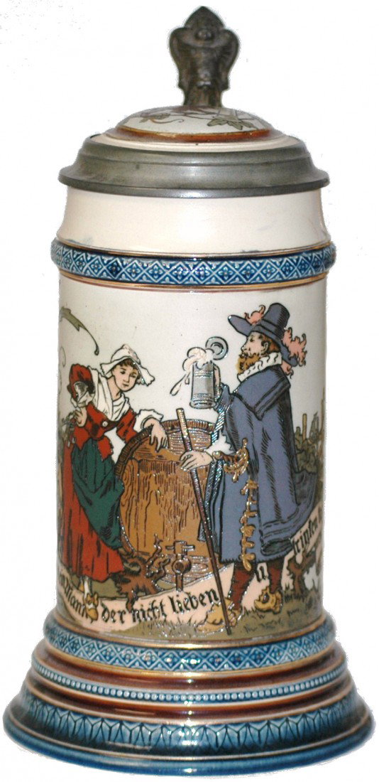 Mettlach #2230 Cavalier & Barmaid Stein: Mettlach #2230 Etched ½ L. . Cavalier and Barmaid. Inlay lid.
