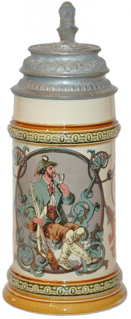 Mettlach Hunter Stein: Mettlach #1560/5803 PUG ½ L. Seated hunter. Relief pewter lid.