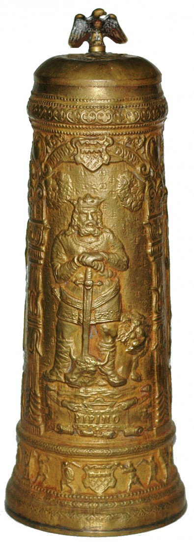 Hand Hammered Brass 4 Liter Charlemagne Stein: Brass Hand Hammered 4 L. Charlemagne. Eagle thumblift and Albert Dauer on lid.