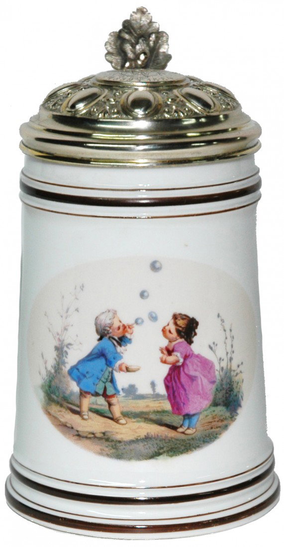 Nymphenburg Porcelain Stein w/ Silver Plate Lid: Nymphenburg Porcelain Hand Painted ½ L. Children blowing bubbles. Silver plated lid.