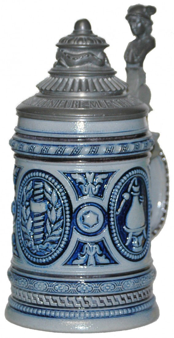 Interesting 1878 Convention stein from Engineer's: Stoneware Merkelbach & Wick Relief 1/2L. Shows scenes of laboratory flask on burner, threaded bolt with nut and a electrical apparatus. Lid has raised verse “Verein Deutscher Ingenieure Munchen 1878