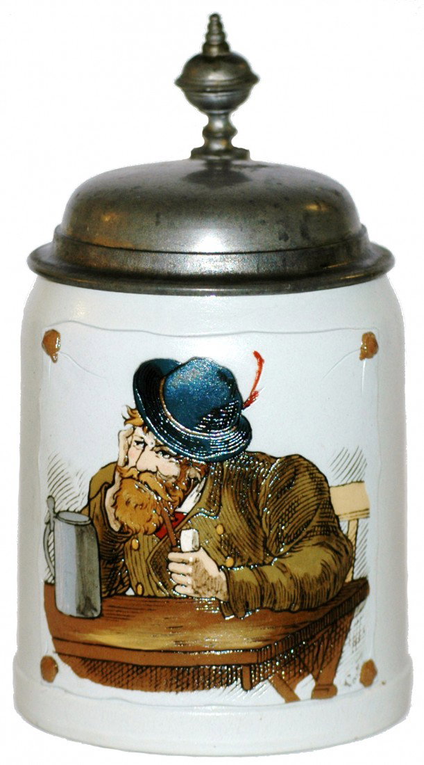 Mettlach #1536 etched ½ L. Man with Stein and Pipe: Mettlach #1536 etched ½ L. Man with Stein and Pipe.