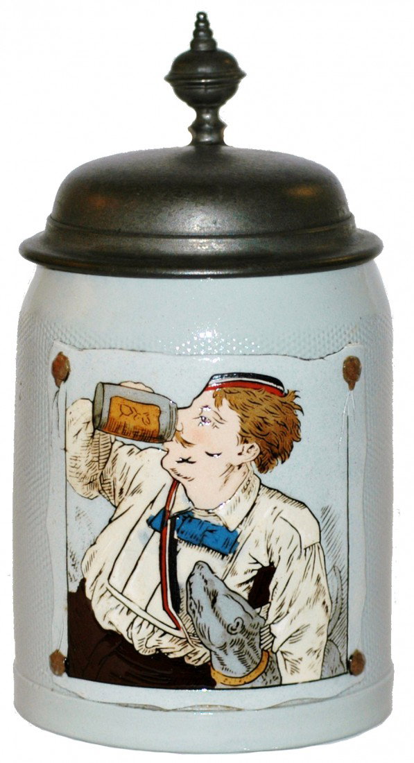 Fraternal Student with Dog Mettlach Stein: Mettlach #1643 etched ½ L. Fraternal Student with a dog.