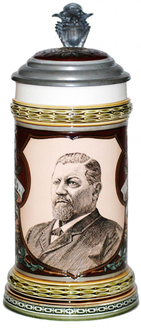 George Ehret Brewery Mettlach Stein: Mettlach #1997 etched and PUG ½ L. George Ehret brewery, New York 25th anniversary. Inlay lid.