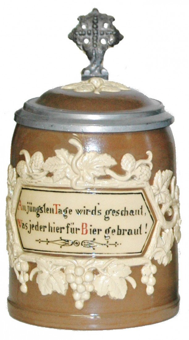 Mettlach Floral Stein w/ Inlay Lid: Mettlac #1180 Relief ½ L. Floral & Verse. Inlay lid