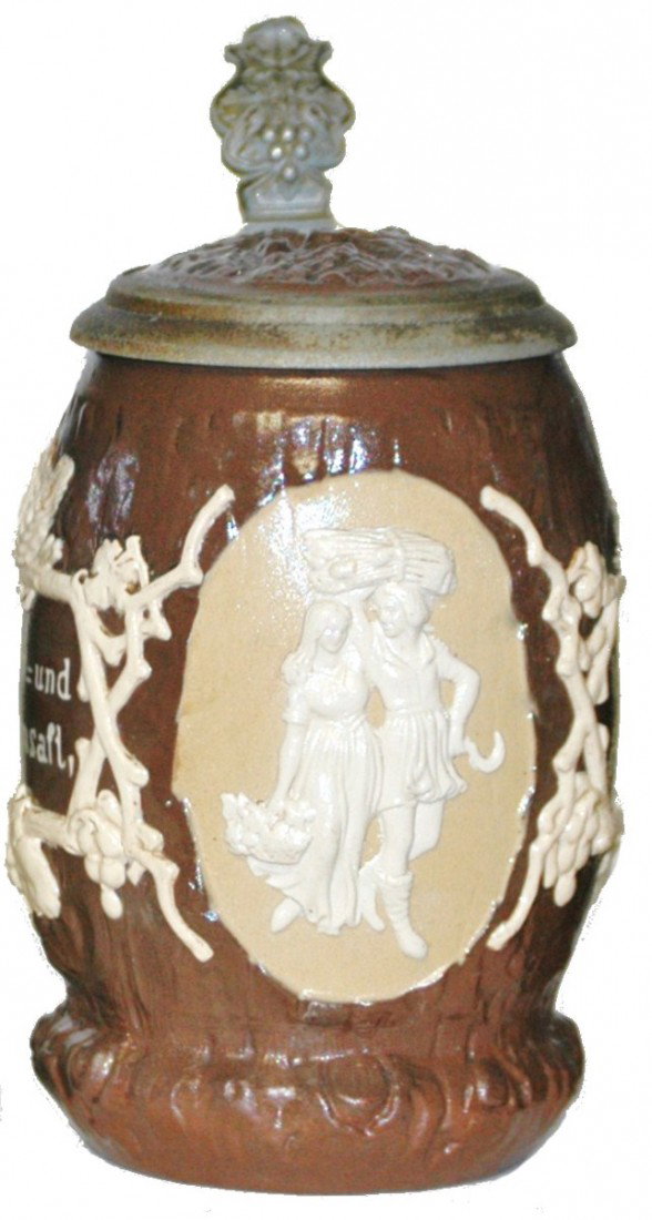 Mettlach Harvest Scene Stein: Mettlach #1028 Relief ½ L. Harvest Scene. Inlay lid