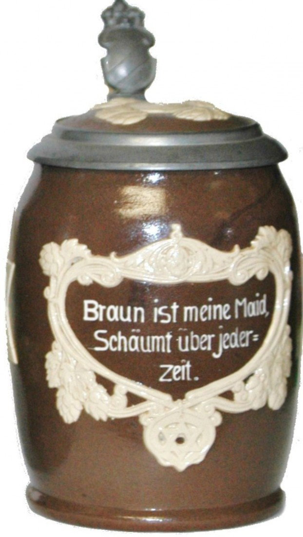 Mettlach Floral & Verse Stein: Mettlach #2942 Relief ½ L. Floral & Verse. Inlay lid