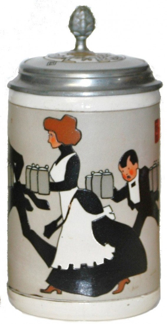 Hohlwein Mettlach Etched Stein: Mettlach #3167 etched ½ L. Couple and young boy rush to deliver beers. Hohlwein