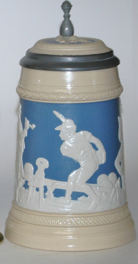 Bowling Mettlach Stein: Mettlach #2182 relief ½ L. Bowling Inlay lid