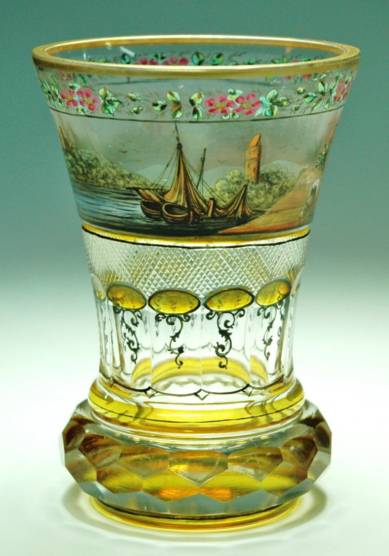 Haida, c. 1880 Transparent Enamel Beaker: Blown Glass Beaker. 5 ½ " . Detailed transparent enamel of seashore and castle. Haida circa 1880.