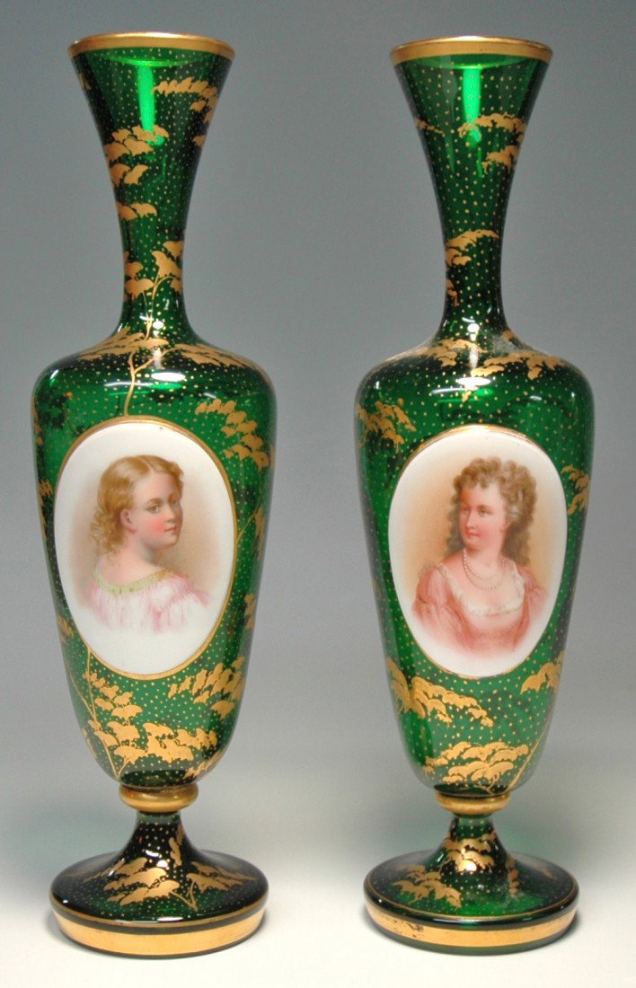 Pair of Enamel Woman Overlay Green Glass Vases: PAIR of Blown Green Glass Vases, 10 ½ ". White overlay front panel with delicate enamel of a woman and gilded design.