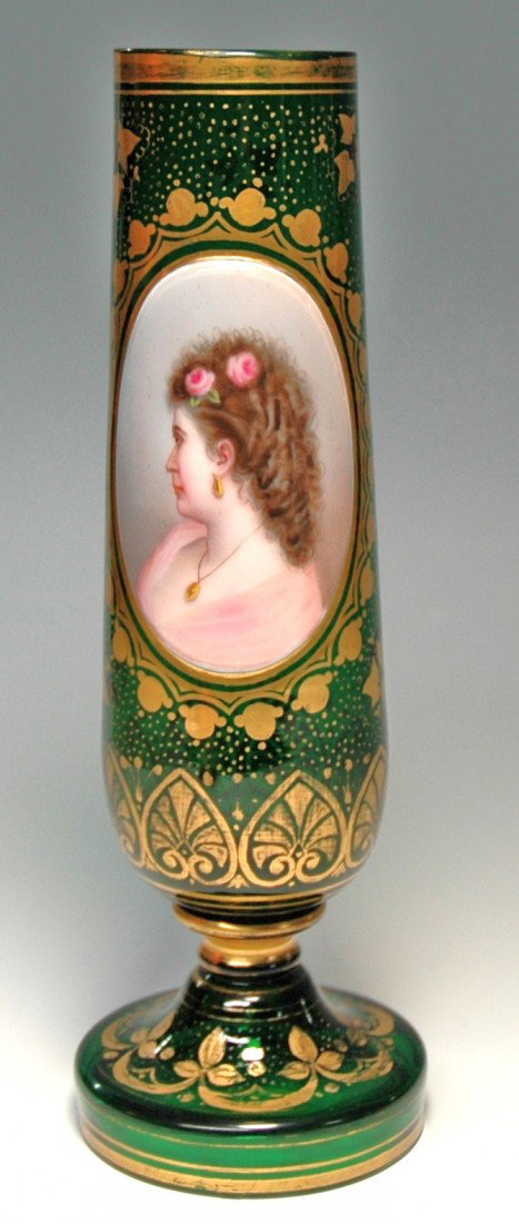 Blown Green Glass Overlay Vase: Blown green glass vase. 10 ½ ". White overlay front panel with delicate enamel of a woman and gilded design. Circa 1890's