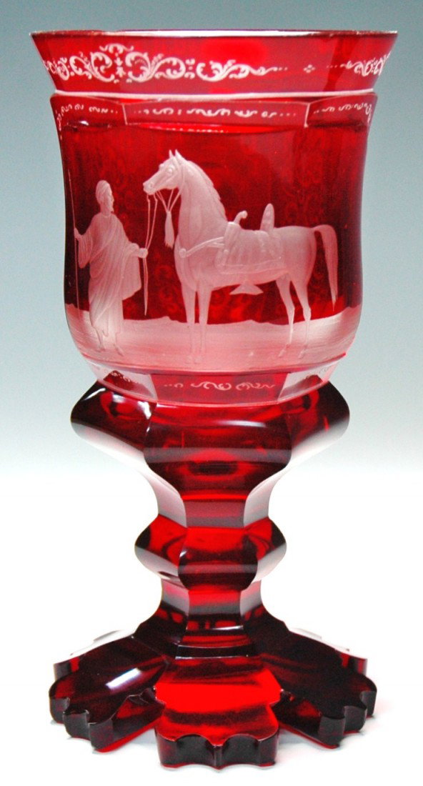 Ruby Wheel-Cut Blown Glass Beaker w Arabian Horse: Blown Glass Beaker. 7 ¼ ". Ruby stained and wheel cut Arabian horse scene. Facet cut body. Bohemain 1860