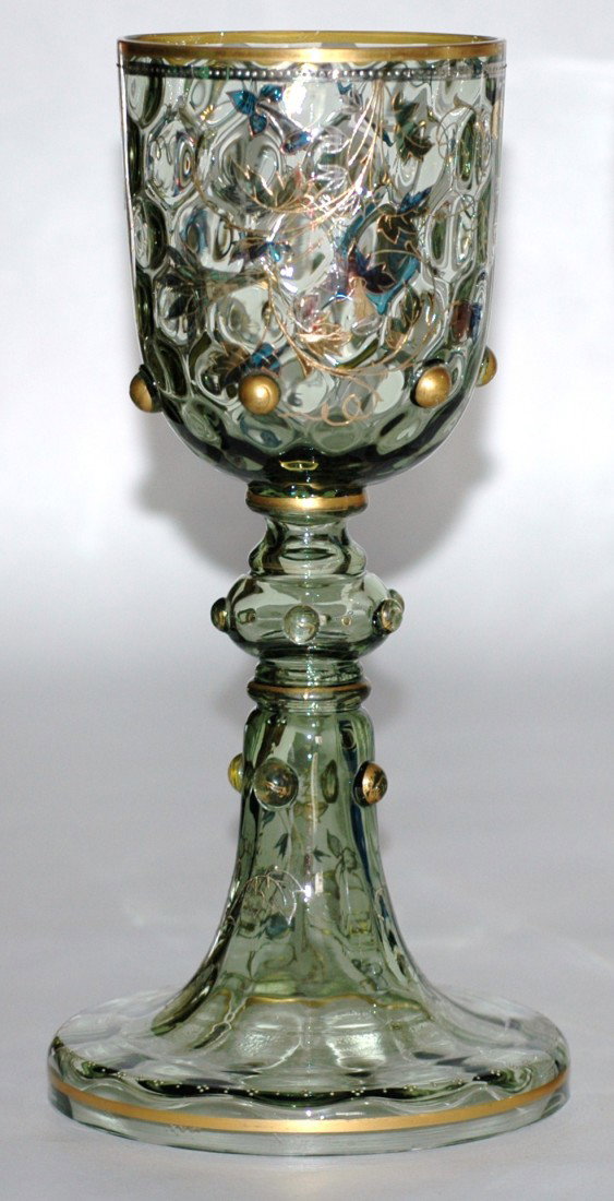Fritz Heckert Gilded & Enameled Roemer: Blown Green Glass Roemer. 10 ½ ". Gilded and silver enamel floral design and body prunts. Fritz Heckert