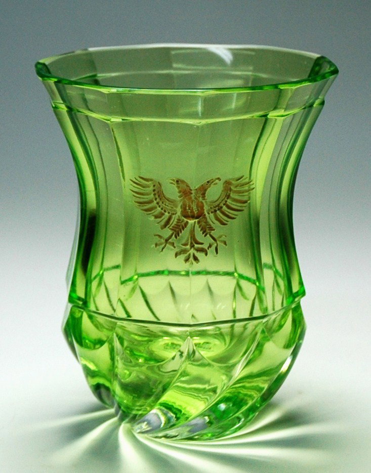 Double Headed Eagle Uranium Beaker: Blown Uranium Glass Beaker. 4 ½ ". Wheel-cut and gilded double headed eagle.
