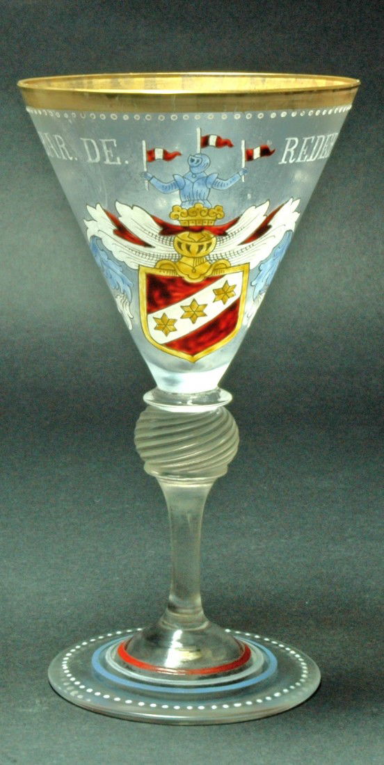 Fritz Heckert Goblet w Enamel Shields: Blown Glass Goblet. 6 ¼ ". Enamel heraldic shields. Fritz Heckert.