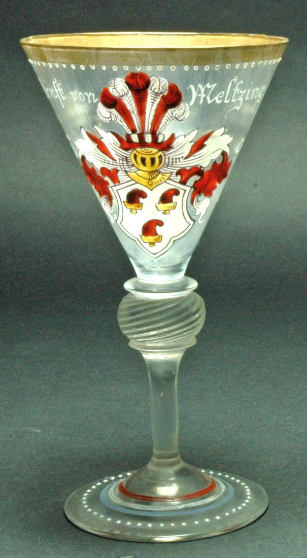 Enamel Heraldic Shields Fritz Heckert Goblet: Blown Glass Goblet. 6 ½ ". Enamel heraldic shields. Fritz Heckert.