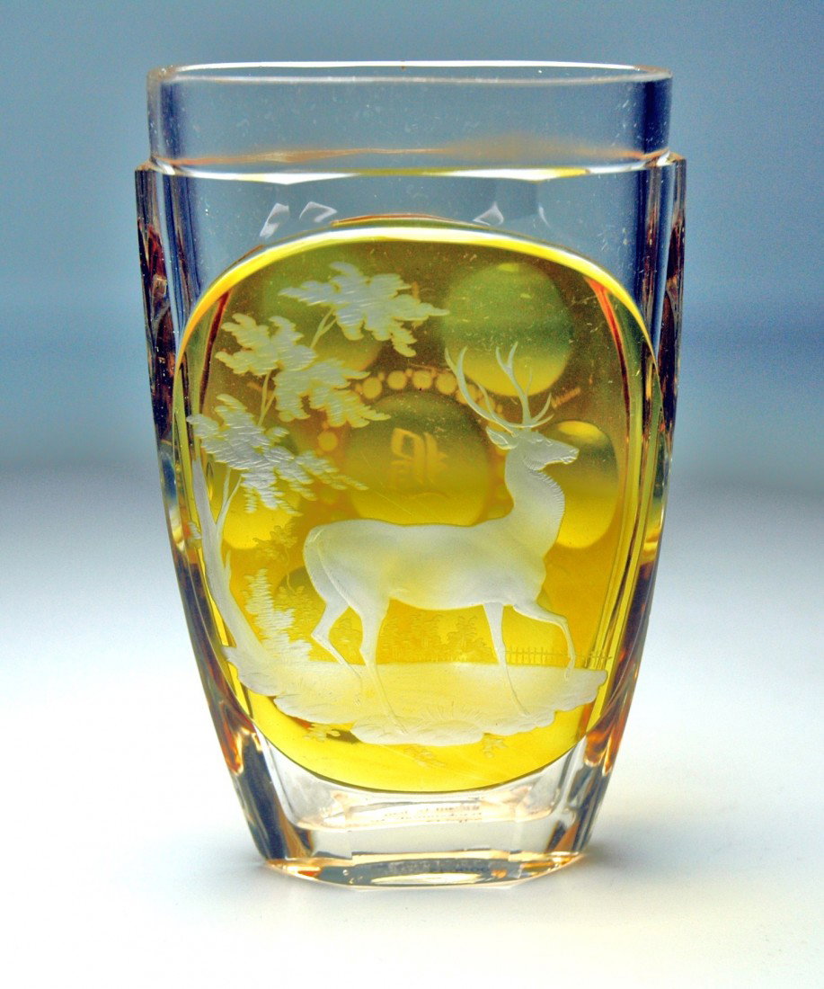 Wheel-Cut Stag ScenePocket Beaker: Blown Glass Pocket Beaker. Amber stained and wheel-cut stag scene.