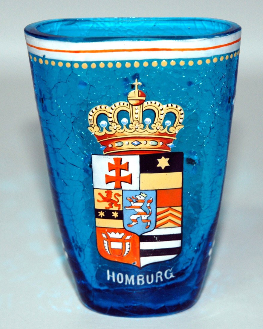 Heraldic Shield Crackle Glass Pocket Beaker: Blown Blue crackle glass pocket beaker. Enamel heraldic shield