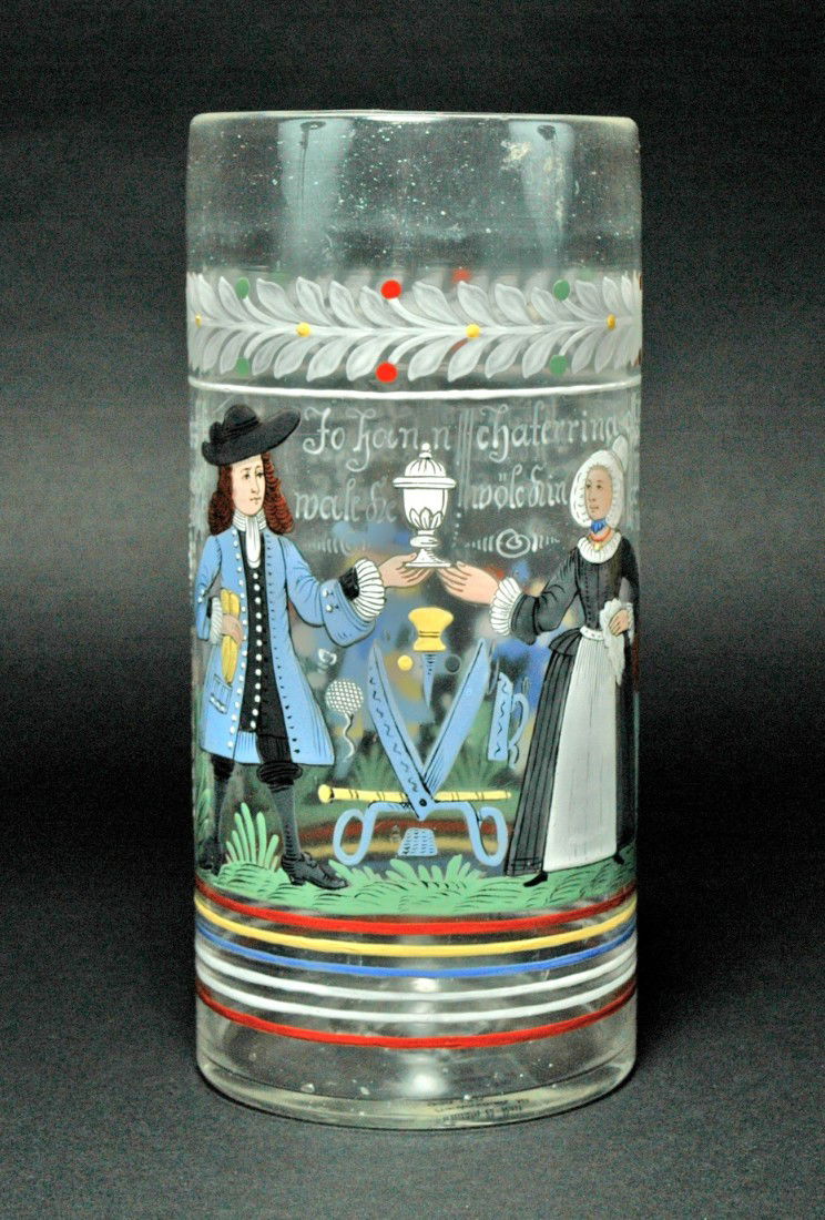 Heckert Occupational Tailor Beaker: Blown glass beaker. 7 ½ ". Enamel occupational tailor, wife and children. Fritz Heckert