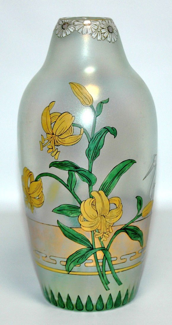 Fritz Heckert Art Nouveau Vase: Blown glass vase 9". Enamel Art Nouveau floral. Fritz Heckert, designed by Max Rade.