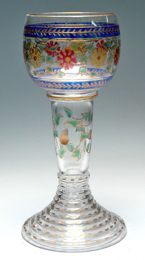Signed Heckert Floral Enamel Goblet: Blown glass goblet. 6" Transparent enamel floral with gilding set into wheel-cut borders. Signed Fritz Heckert