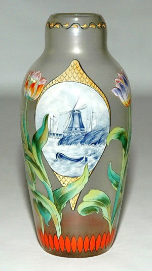 Fritz Heckert Colorful Enamel Vase: Blown glass vase 9". Colorful enamel in the style of Max Rade. Fritz Heckert.