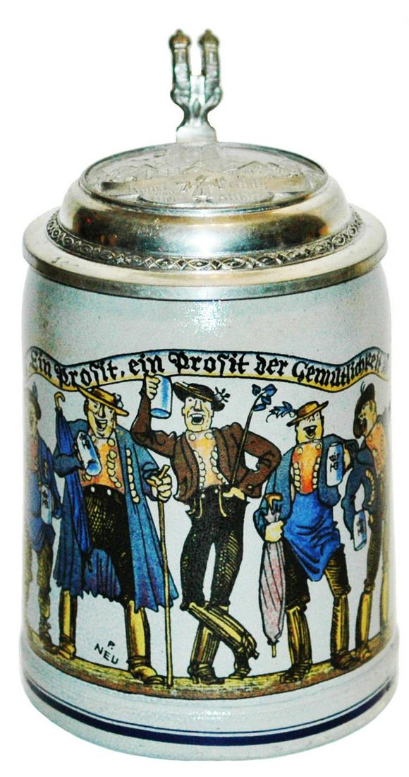 Singing Men w HB Steins. Munich Lid P. Neu: Stoneware POG 1/2L. Men holding their HB steins singing. P. Neu. Relief Munich pewter lid. Mint.