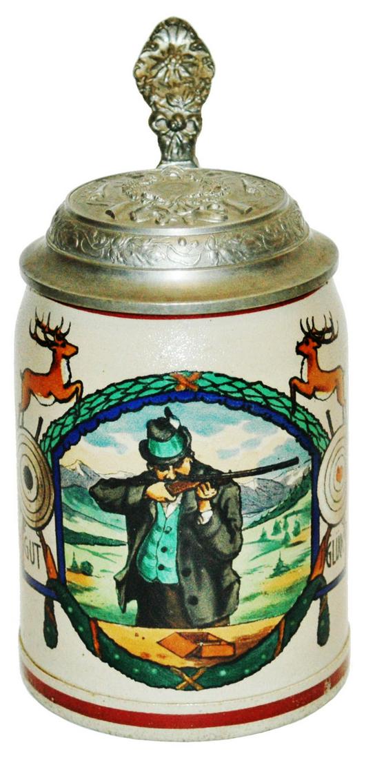 Hunter w Rifle & Targets Stein w Rifles Lid: Stoneware POG 1/2L. Hunter aiming rifle within wreath and side targets. Relief crossed rifles pewter lid. Mint.