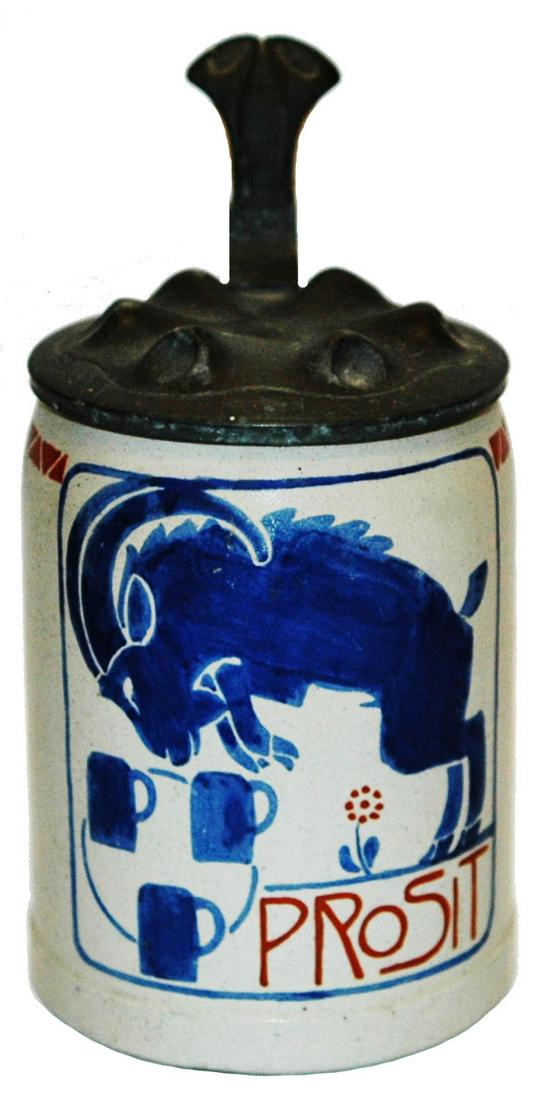 Hohlwein Leaping Ram Stoneware Stein: Stoneware Merkelbach & Wick POG 1/2L. Leaping ram. Hohlwein. Mint.