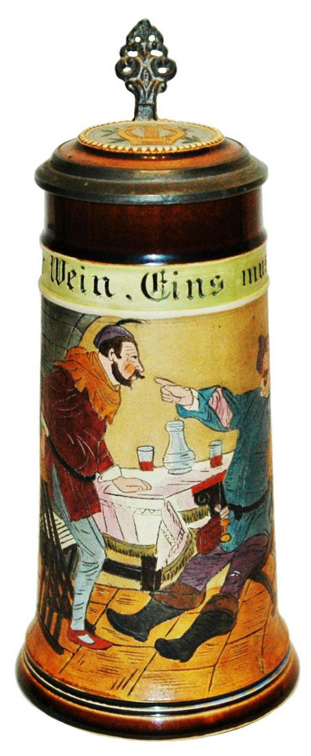 Falstaff at Table Etched Stein w Inlay Lid: Pottery JW Remy #1221 Etched 1/2L. Falstaff at table. Inlay lid. Mint.