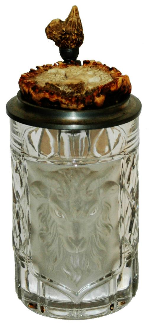 Acid Cut Ram Glass Stein w Carved Horn Lid (1 of 4)
