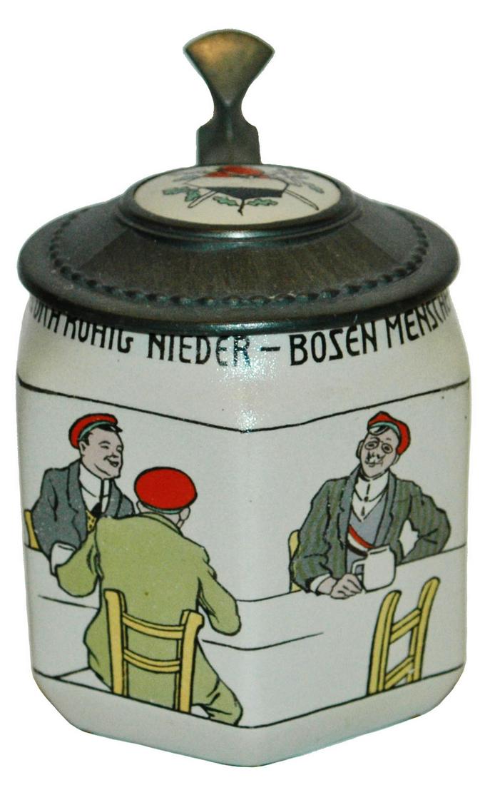 Mettlach Bavaria Fraternal Students 6 Sided Stein: Mettlach Bavaria #3344/553 POG 1/2L. Fraternal students at table on six sided body. Inlay lid. Mint.