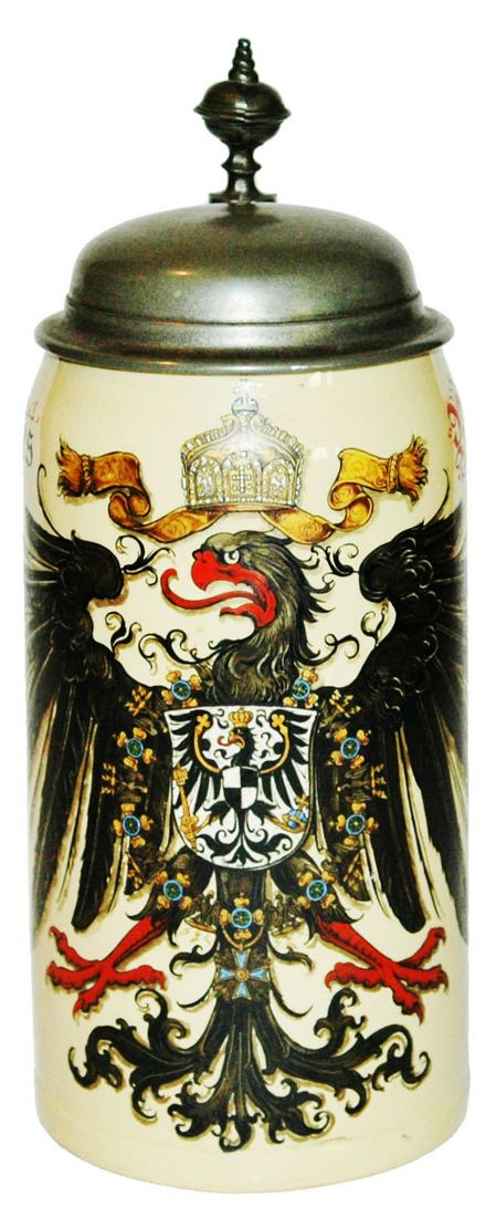 Mettlach 1L Imperial Eagle Deutsches Reich stein: Mettlach #1526 POG 1L. Imperial eagle. Deutsches Reich. Decorators mark on base. Mint.